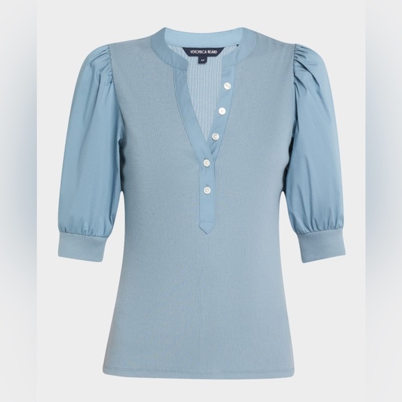 Veronica Beard Coralee Puff Sleeve Button-Front Top in Lake Mist - Picture 4 of 5